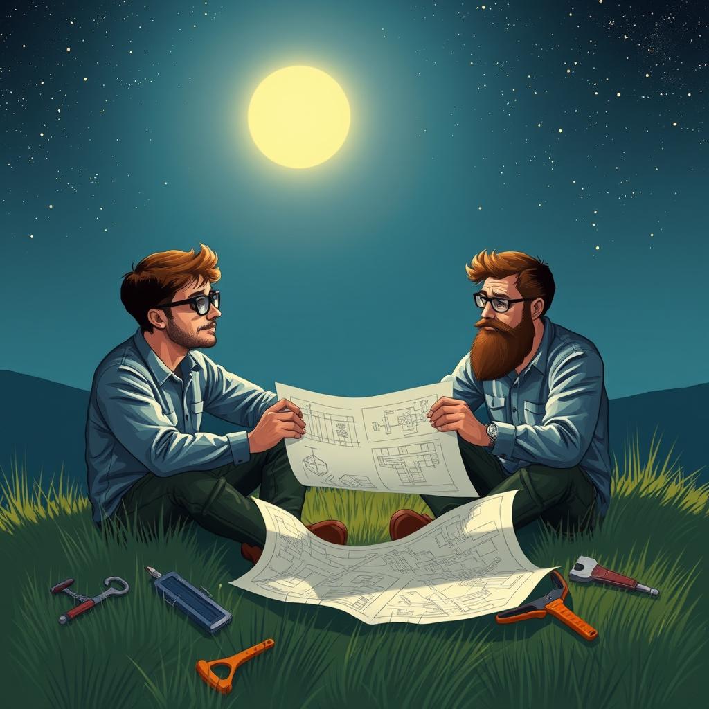 Two engineering friends, one with glasses and the other with a beard, sitting together on a grassy hilltop, reflecting on how they somehow ended up as engineers despite their dreams of becoming saints
