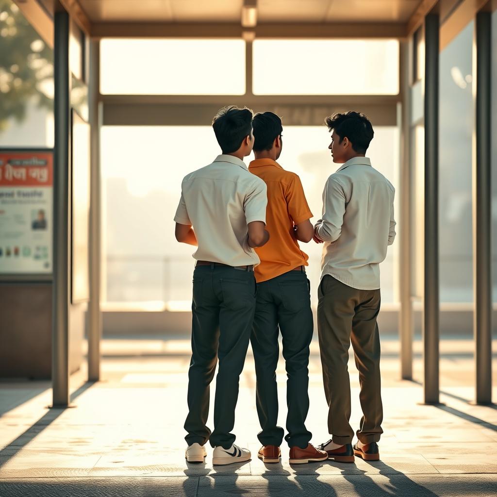 Two teenage Indian engineering students standing at a bus stop, depicted from a back perspective