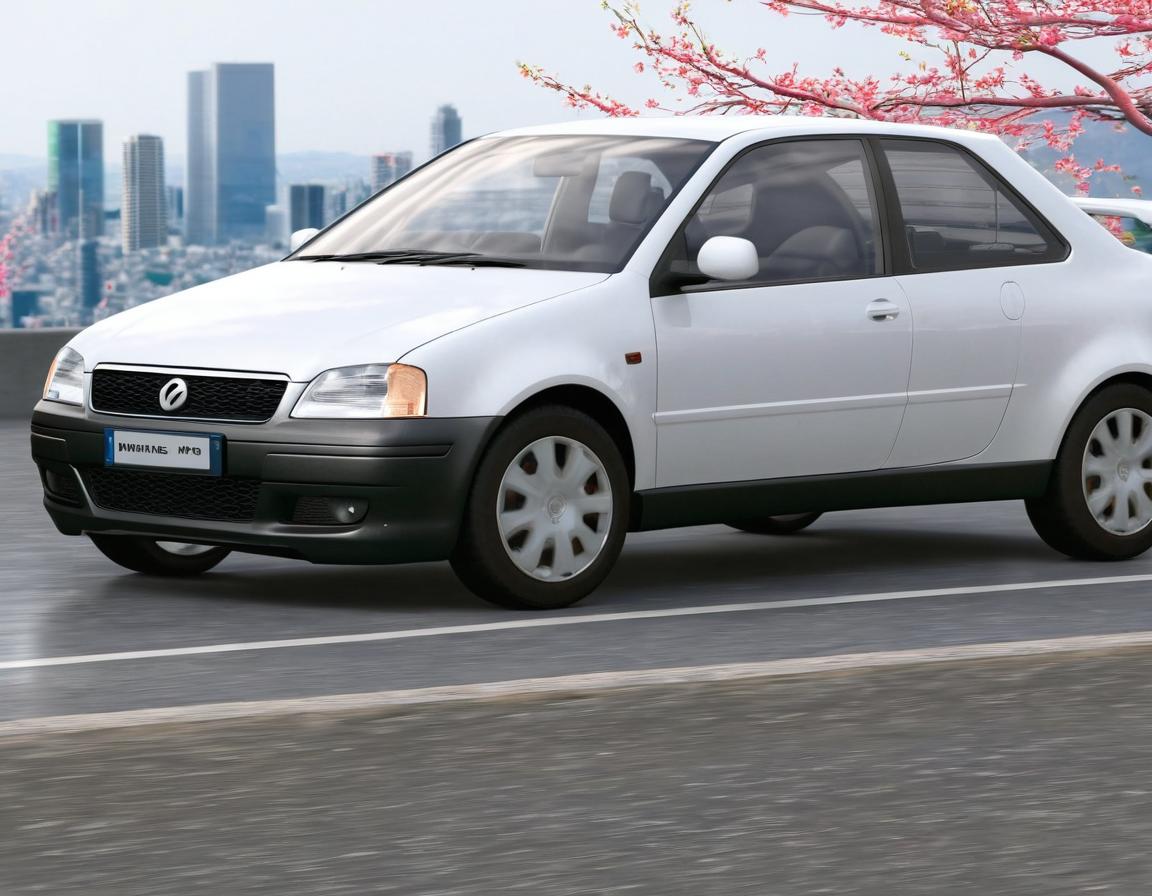 Urban Elegance: A White Sedan Amidst Cherry Blossoms