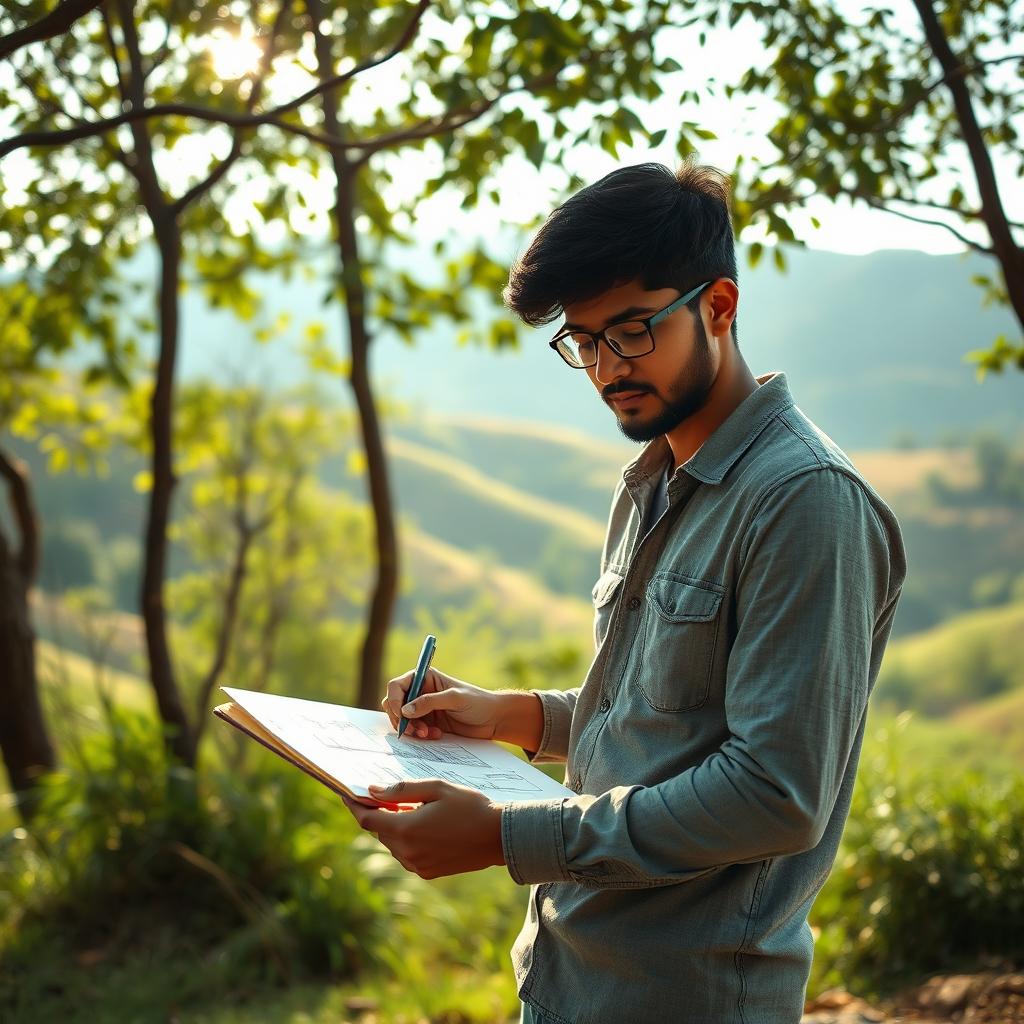 An engineering student who aspires to build an ashram, depicted in a serene outdoor setting