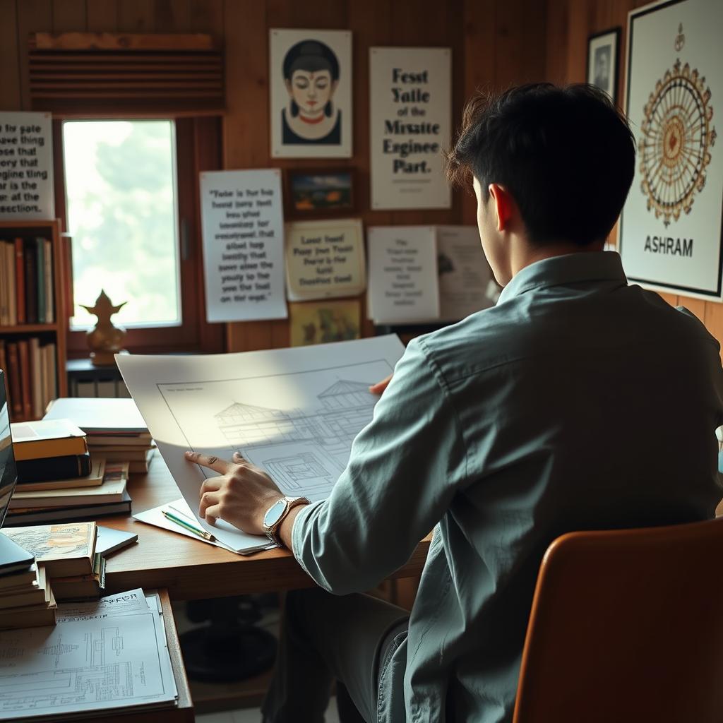 An engineering student sitting at a desk, deeply focused on designing plans for an ashram