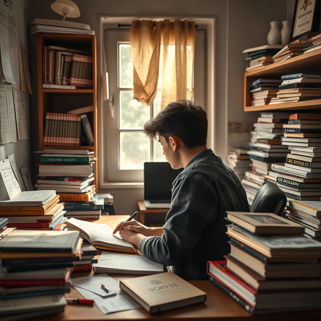 A scene depicting a teenage engineering student deeply engrossed in his studies, surrounded by a cluttered desk filled with textbooks on AC motors, DC motors, and photography