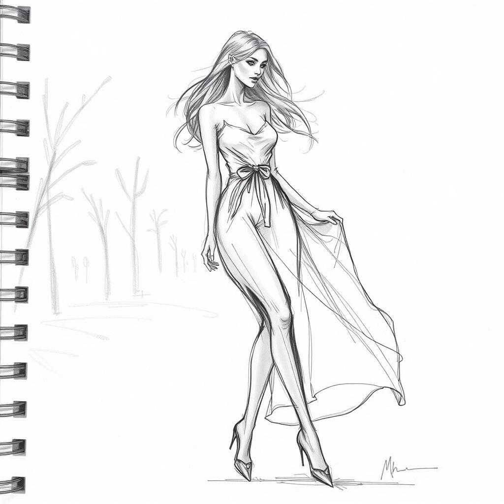 A detailed and dynamic croquis sketch featuring a graceful female figure in a flowing dress, elegantly posed