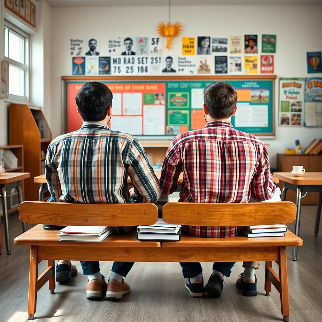 A classroom scene showing four male students from a back perspective, seated closely together on a wooden bench that accommodates only four individuals
