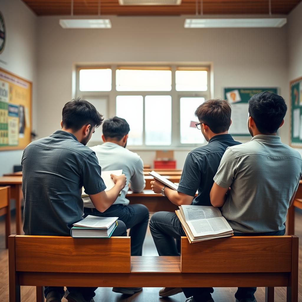 A classroom setting showing four male students from a back view, all seated on a wooden bench that can only accommodate four individuals