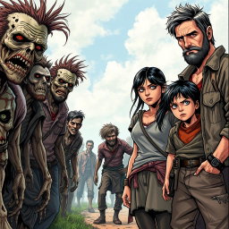 In a post-apocalyptic scene, a family stands on the right side, consisting of a father, mother, and their teenage son