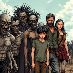 In a post-apocalyptic scene, a family stands on the right side, consisting of a father, mother, and their teenage son