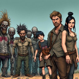 In a post-apocalyptic scene, a family stands on the right side, consisting of a father, mother, and their teenage son