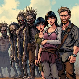 In a post-apocalyptic scene, a family stands on the right side, consisting of a father, mother, and their teenage son