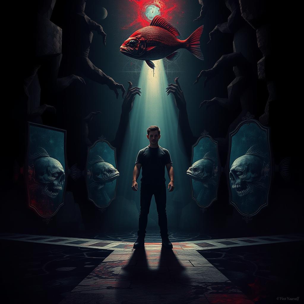 A striking and intense conceptual artwork representing the themes of self-discovery and internal struggle from the song 'Find Yourself'