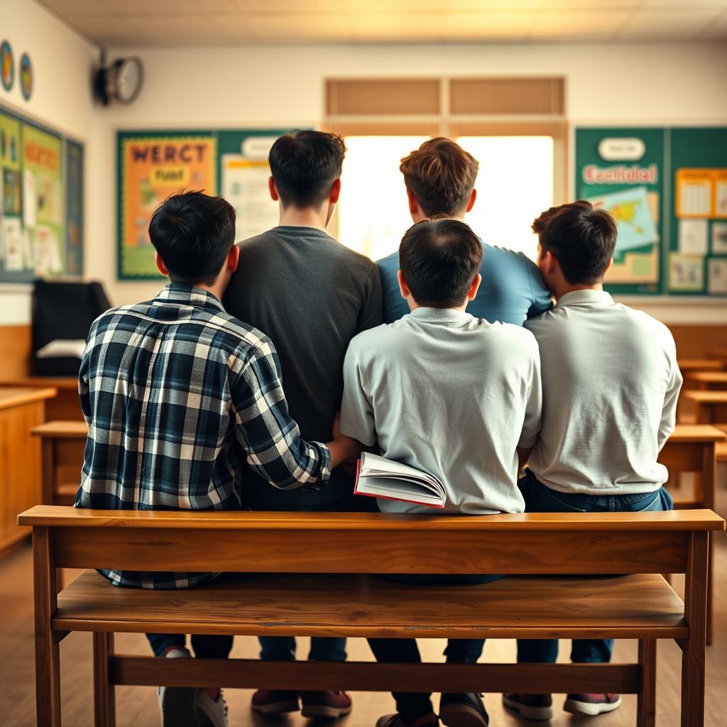 A classroom environment showcasing four male students from a back view, all comfortably seated on a wooden bench that accommodates only four individuals