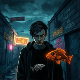 A grungy urban scene illustrating the theme of self-discovery and individuality, with a surreal twist