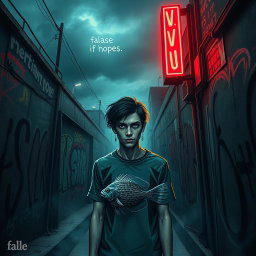 A grungy urban scene illustrating the theme of self-discovery and individuality, with a surreal twist