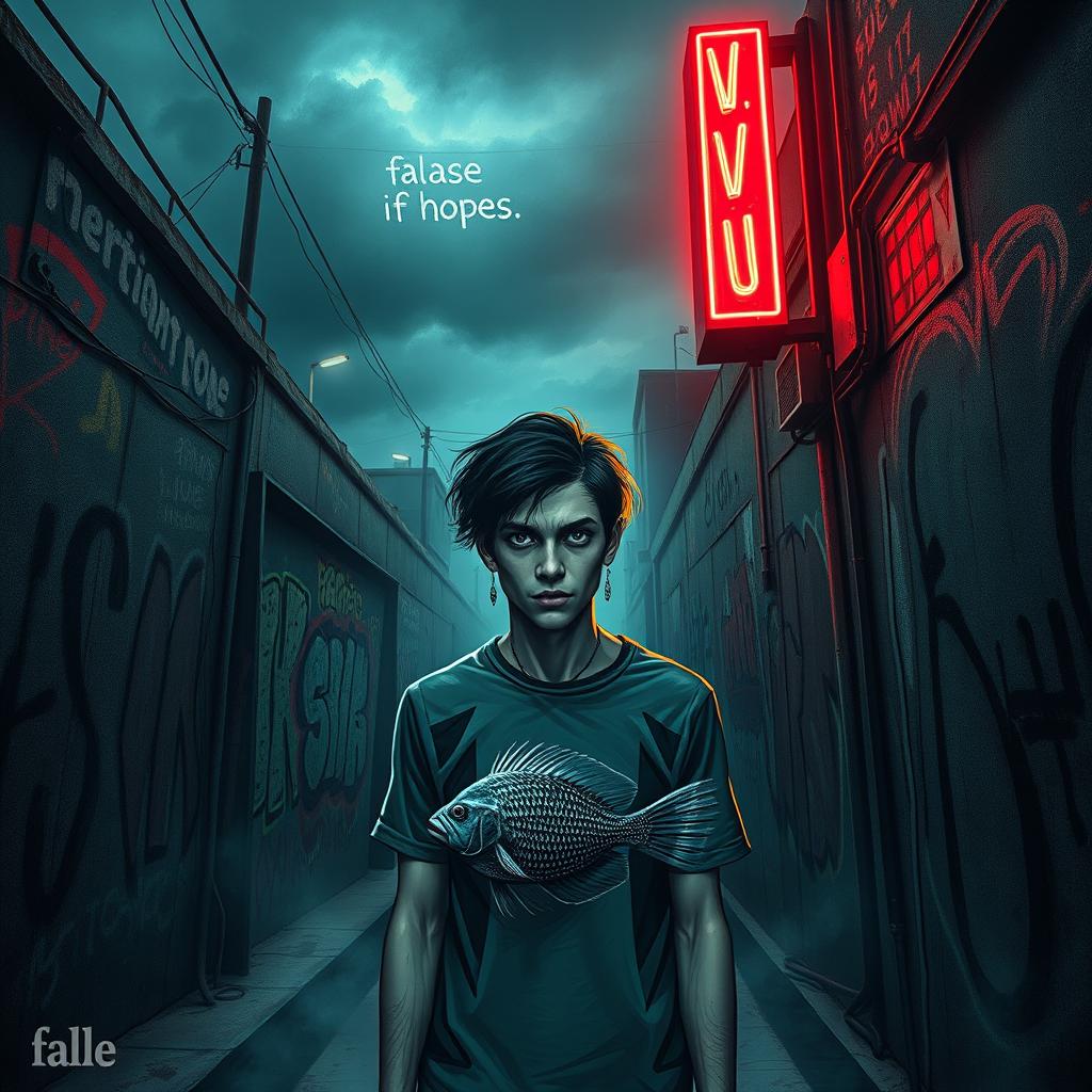 A grungy urban scene illustrating the theme of self-discovery and individuality, with a surreal twist
