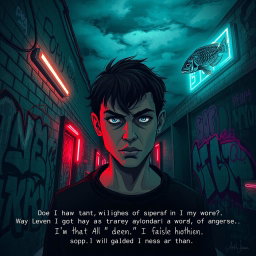 A grungy urban scene illustrating the theme of self-discovery and individuality, with a surreal twist