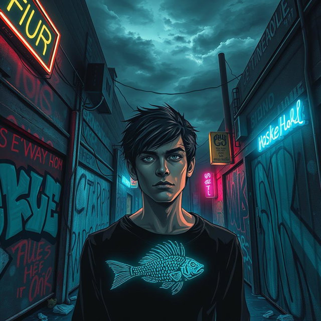 A grungy urban scene illustrating the theme of self-discovery and individuality, with a surreal twist