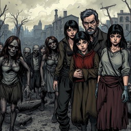 A dark and realistic comic style depiction of a post-apocalyptic zombie scene