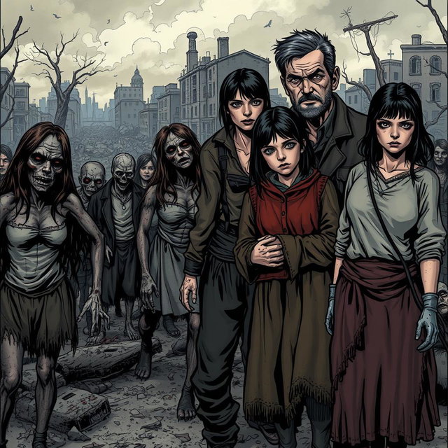 A dark and realistic comic style depiction of a post-apocalyptic zombie scene