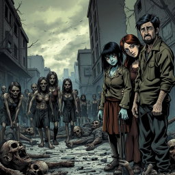 A dark and realistic comic style depiction of a post-apocalyptic zombie scene