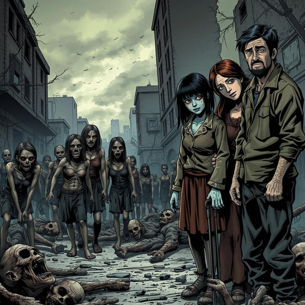A dark and realistic comic style depiction of a post-apocalyptic zombie scene