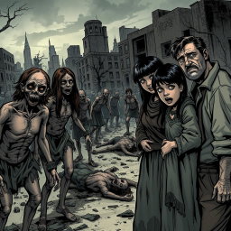 A dark and realistic comic style depiction of a post-apocalyptic zombie scene