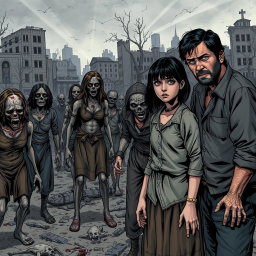 A dark and realistic comic style depiction of a post-apocalyptic zombie scene