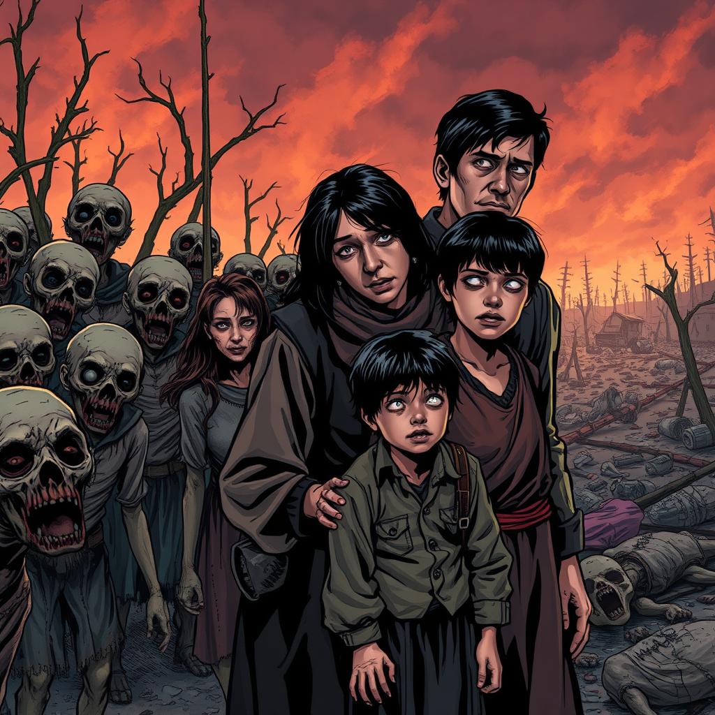 A dark and realistic apocalyptic scene featuring a family consisting of a father, mother, and a teenage boy with black hair, all wearing old clothes