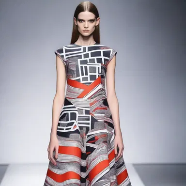 The anamorphic pattern on the dress adds an avant-garde touch to the fashion collection.