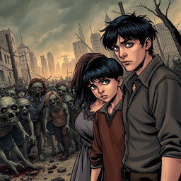 A dark and realistic apocalyptic scene featuring a family consisting of a father, mother, and a teenage boy with black hair, all wearing old clothes