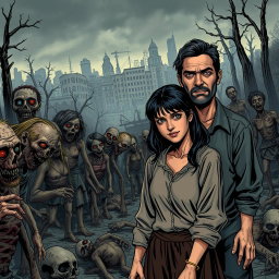 A dark and realistic apocalyptic scene featuring a family consisting of a father, mother, and a teenage boy with black hair, all wearing old clothes