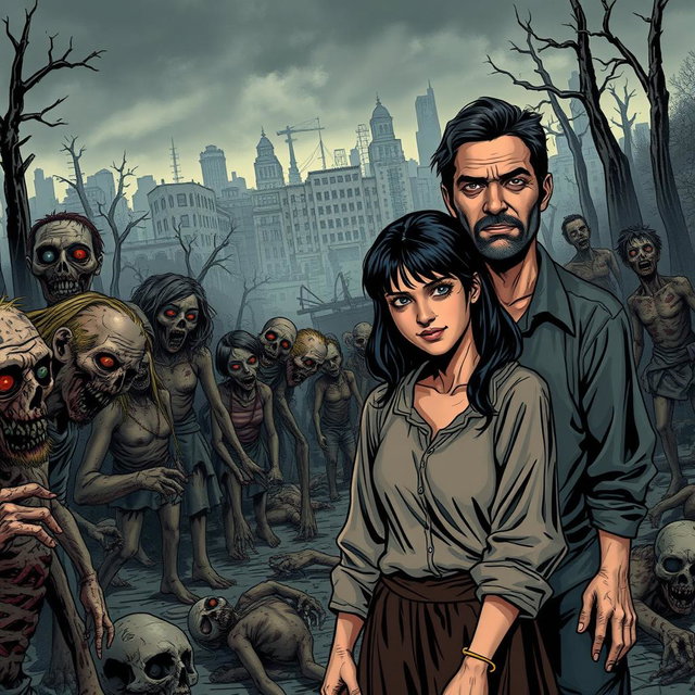 A dark and realistic apocalyptic scene featuring a family consisting of a father, mother, and a teenage boy with black hair, all wearing old clothes
