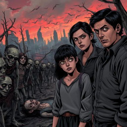 A dark and realistic apocalyptic scene featuring a family consisting of a father, mother, and a teenage boy with black hair, all wearing old clothes