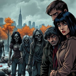 A dark and realistic apocalyptic zombie scene featuring a family consisting of a father, mother, and teenage boy positioned on the right side of the image