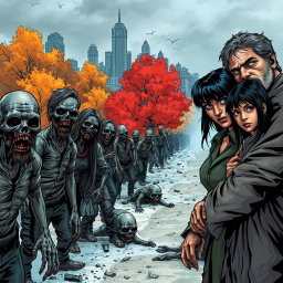 A dark and realistic apocalyptic zombie scene featuring a family consisting of a father, mother, and teenage boy positioned on the right side of the image