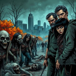 A dark and realistic apocalyptic zombie scene featuring a family consisting of a father, mother, and teenage boy positioned on the right side of the image