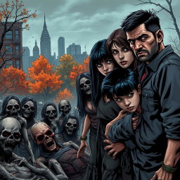 A dark and realistic apocalyptic zombie scene featuring a family consisting of a father, mother, and teenage boy positioned on the right side of the image