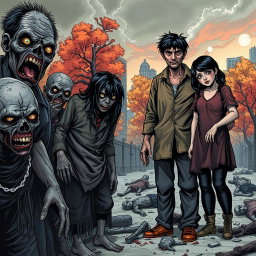 A dark and realistic comic-style illustration depicting a zombie apocalypse scene