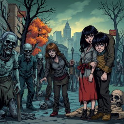 A dark and realistic comic-style illustration depicting a zombie apocalypse scene