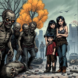 A dark and realistic comic-style illustration depicting a zombie apocalypse scene