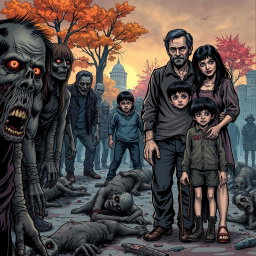 A dark and realistic comic-style illustration depicting a zombie apocalypse scene