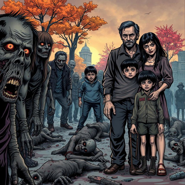 A dark and realistic comic-style illustration depicting a zombie apocalypse scene