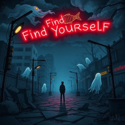 A dark, surreal illustration representing the themes from the song "Find Yourself"