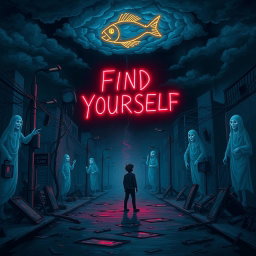 A dark, surreal illustration representing the themes from the song "Find Yourself"