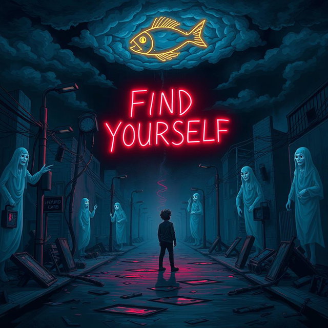 A dark, surreal illustration representing the themes from the song "Find Yourself"