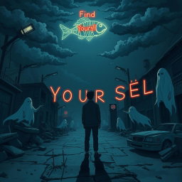 A dark, surreal illustration representing the themes from the song "Find Yourself"
