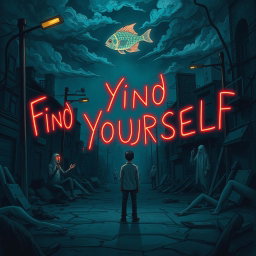 A dark, surreal illustration representing the themes from the song "Find Yourself"
