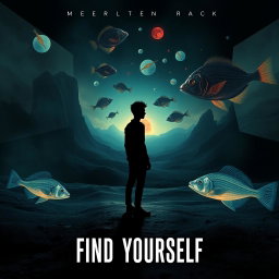 A conceptual album cover for a music track titled 'Find Yourself', depicting a person standing in a surreal landscape