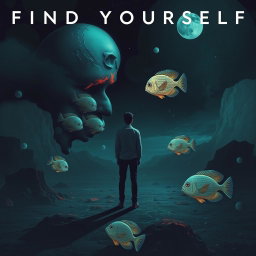 A conceptual album cover for a music track titled 'Find Yourself', depicting a person standing in a surreal landscape
