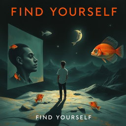A conceptual album cover for a music track titled 'Find Yourself', depicting a person standing in a surreal landscape
