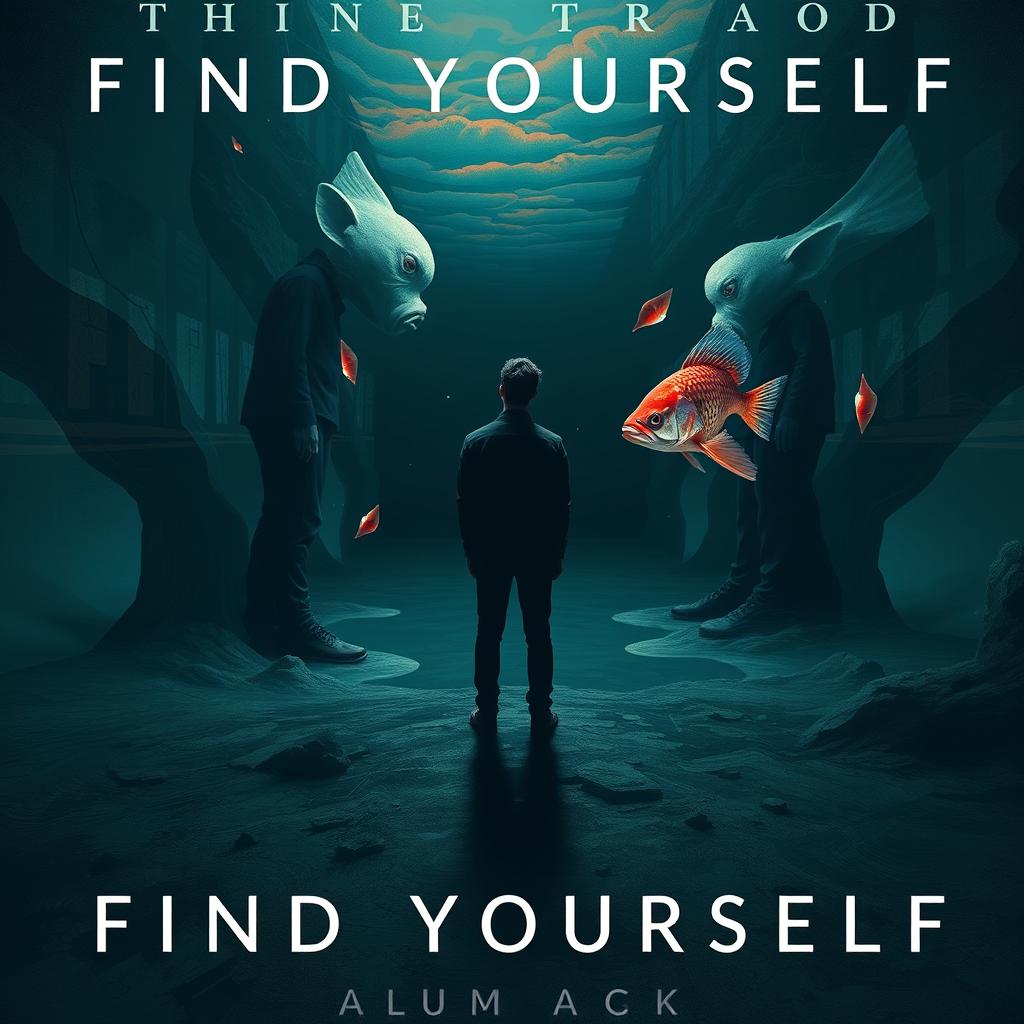 A conceptual album cover for a music track titled 'Find Yourself', depicting a person standing in a surreal landscape